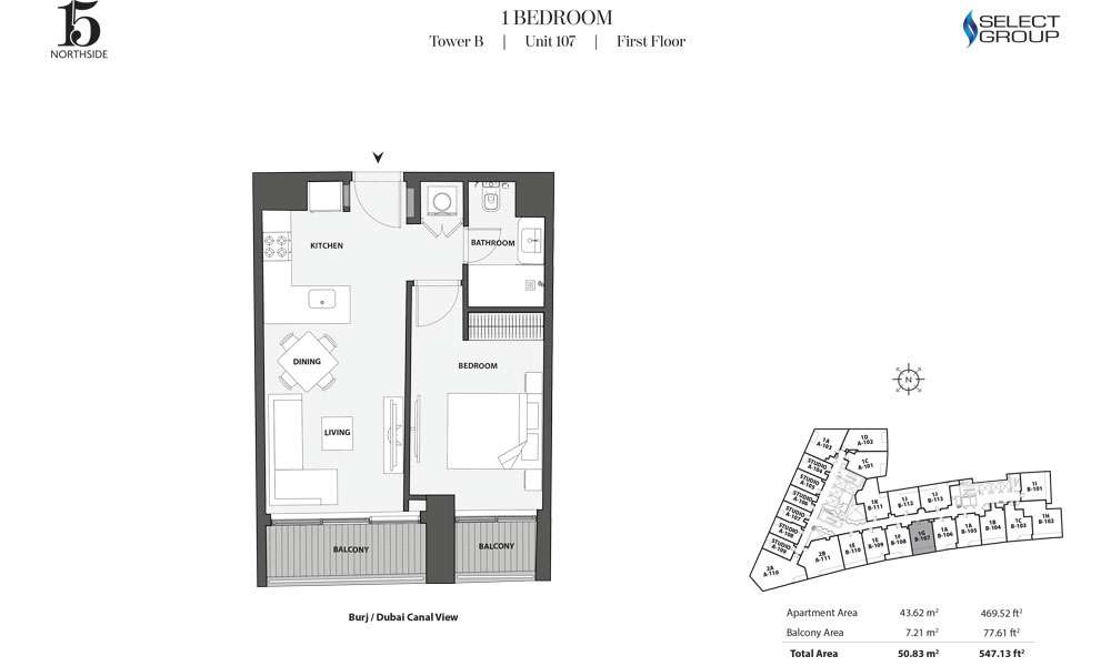 Tower B, 1 Bedroom, Unit 107, First Floor